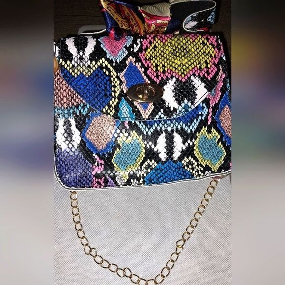 Women's Mini Snakeskin Embossed Handbag, Twilly Scarf Decor Flap - Picture 5 of 12